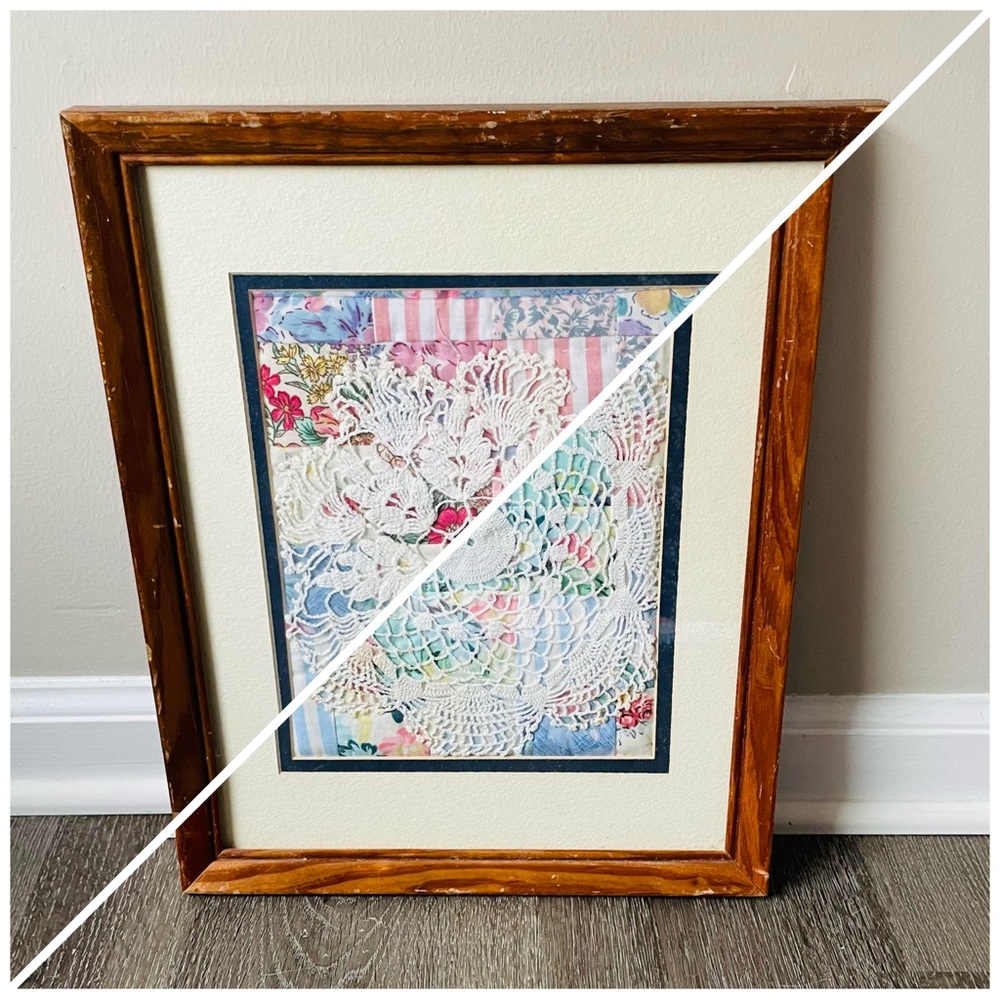 Set of (2) wood framed vintage quilt pieces with antique collectible doilies